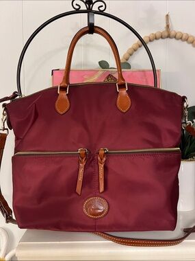 Dooney & Bourke Burgundy Nylon Tote with Brown Leather Trim